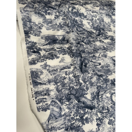 Puuvillane kangas elastaaniga "Toile de Jouy", sinine–valge